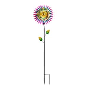 47 in. Tall Outdoor Metal Windmill Triple Spinner Garden Stake Yard Decoration, Daisy
