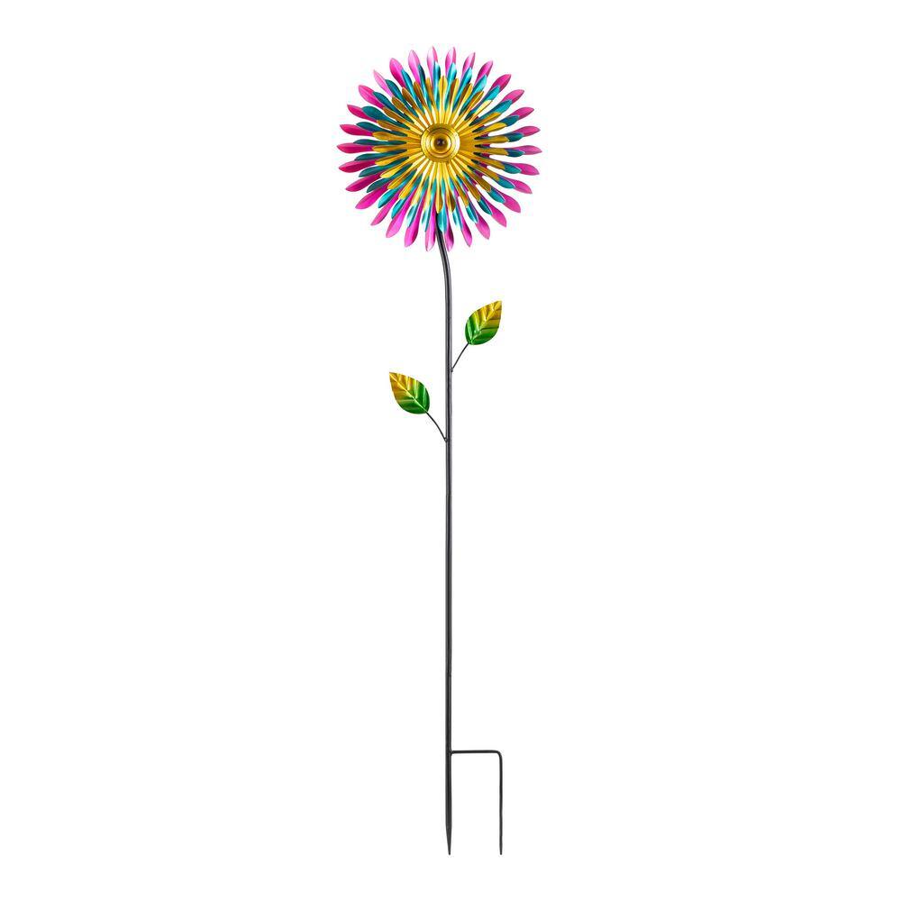 47 in. Tall Outdoor Metal Windmill Triple Spinner Garden Stake Yard Decorat