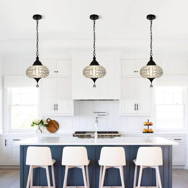 Oaks Aura Opulence11.2 in. Matte Black 1-Light Inergrated LED Elegant Crystal Pendant Light, Adjustable Chain and LED Illumination