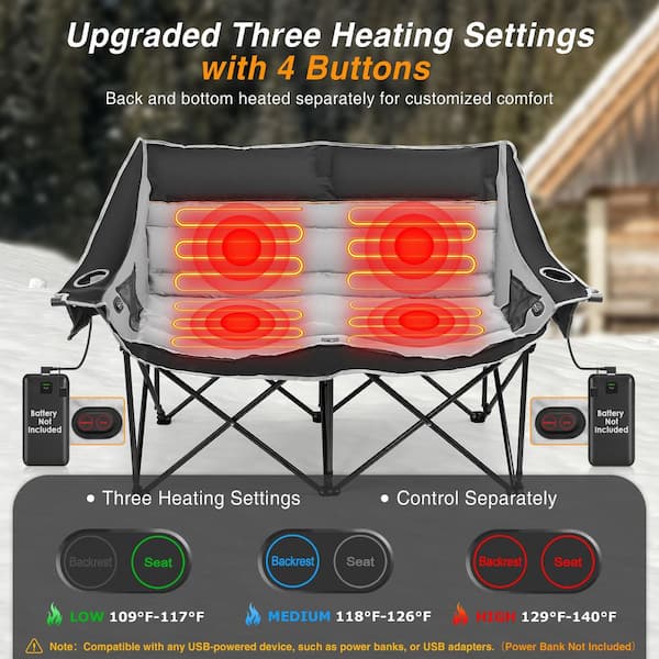 Heated Double Camping Chair-3 Heat Levels, 4 Heating Zones, Portable Folding Loveseat-660 lbs. Support