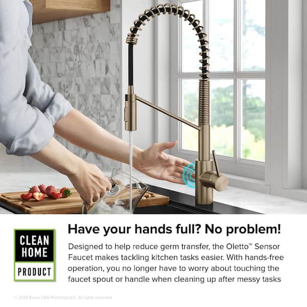 KRAUS Oletto Commercial Kitchen Faucet – Pull-Down Single Handle, Spot-Free Champagne Bronze, QuickDock Top Mount Installation