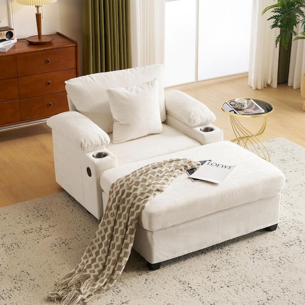 Oversized Beige 38.6 in. Chenille Chaise Lounge with Charge Station, Cup Holders, Side Pockets, Flip-Top Storage Boxes