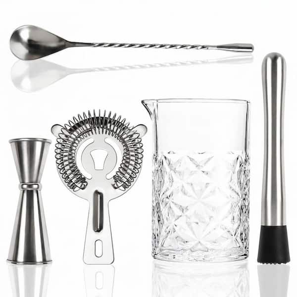 24 oz Lead-Free Crystal Cocktail Mixing Glass Kit with Stainless Steel Jigger Muddler Strainer and Spoon