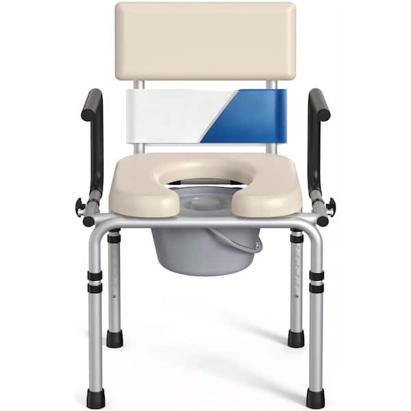 20.47 in. D x 22.05 in. W x 39 in. H Drop Arm Bedside Commode with Padded Seat and Backrest for Adults, Beige