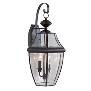 3-Light Antique Bronze Hardwired Outdoor Coach Light Sconce with Clear Beveled Glass