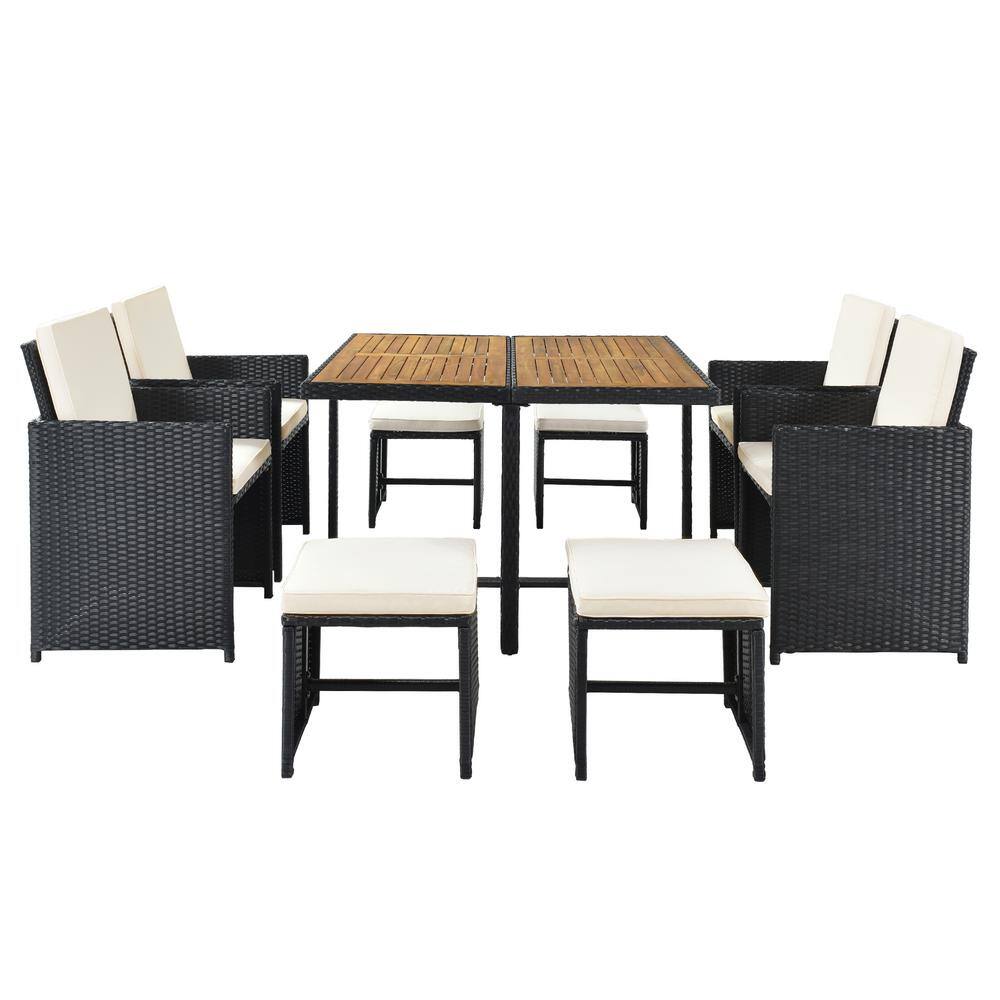 Black 9-Piece Wicker Outdoor Dining Table Set with Wood Tabletop and Beige 