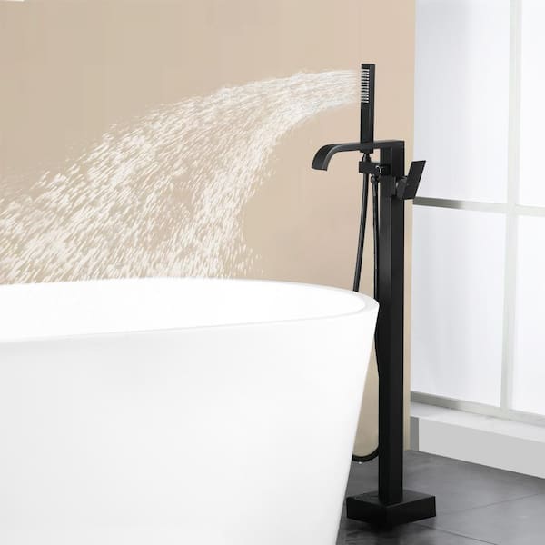 Freestanding Floor Mount Single Handle Bath Tub Filler Faucet with Handheld Shower in Black