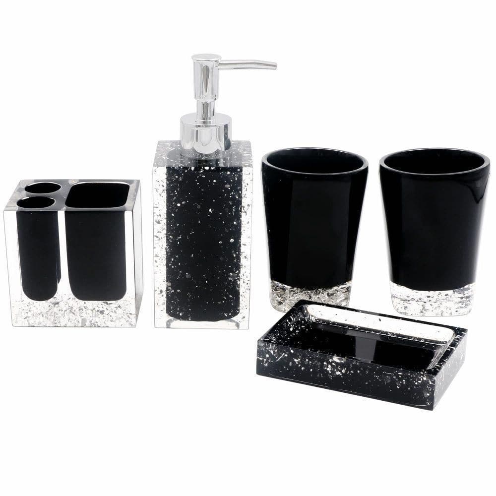 9-Piece Black Bathroom Accessories Set - Trash Can, Countertop Soap  Dispenser, Soap Dish, Toilet Brush, Toothbrush Holder, Tumbler Cup, Tray,  Q-Tip