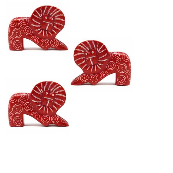 Global Crafts Small Soapstone Lion Figurine - Set of 3, Red