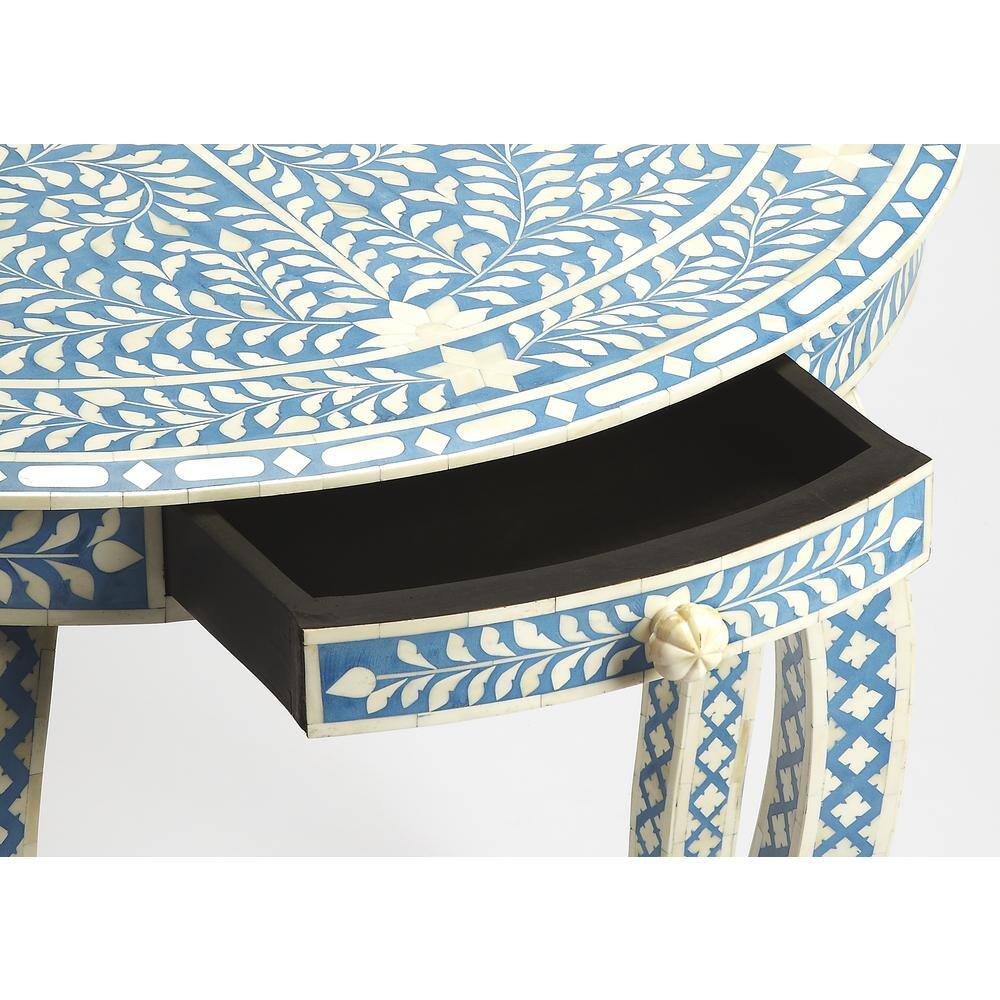 Vivienne Blue Bone Inlay Demilune Console Table with Storage