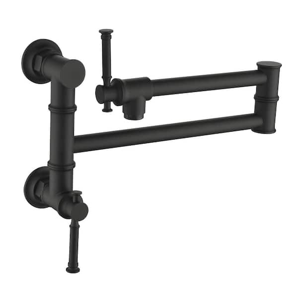 Flynama Modern Brass Wall Mount Pot Filler Faucet with Swing Arm in Matte Black