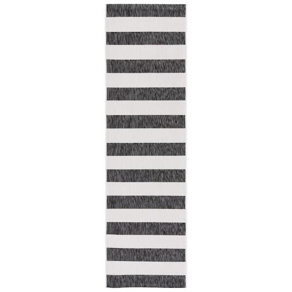 Courtyard 2 ft. x 7 ft. Ivory/Black Striped Indoor/Outdoor Runner Rug