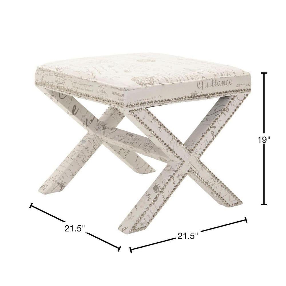 White Cotton Linen Ottoman with Nail Head Trim