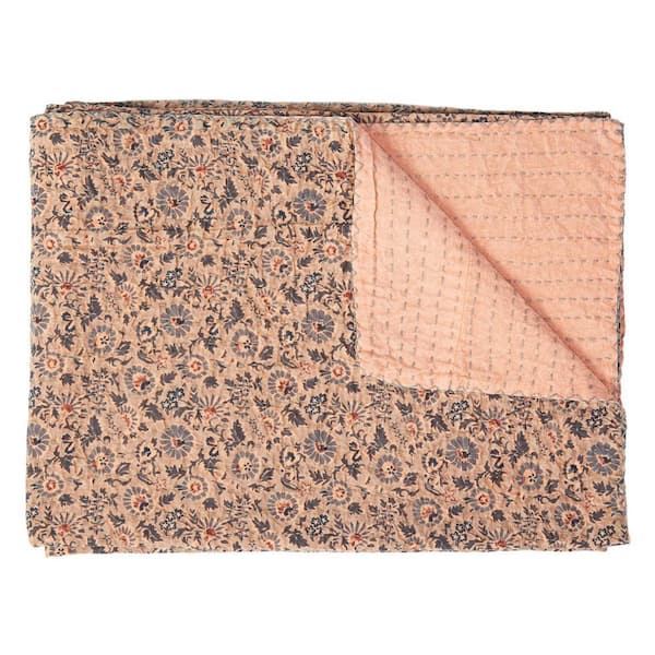 Gray, Peach Floral Cotton Throw Blanket