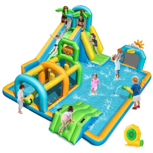 Inflatable Water Park Bounce House with Climbing Wall Basketball Rim Target Game and 680W Blower