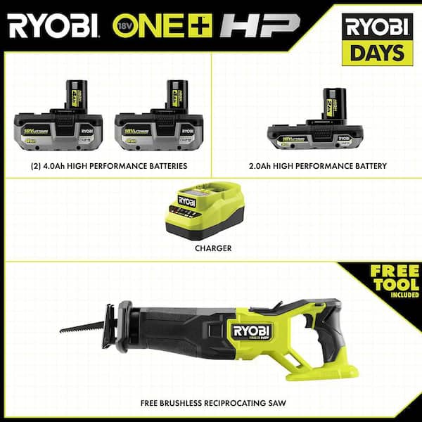ONE+ 18V HP Brushless Reciprocating Saw Kit with (1) 2.0 Ah and (2) 4.0 Ah HIGH PERFORMANCE Batteries, and Charger