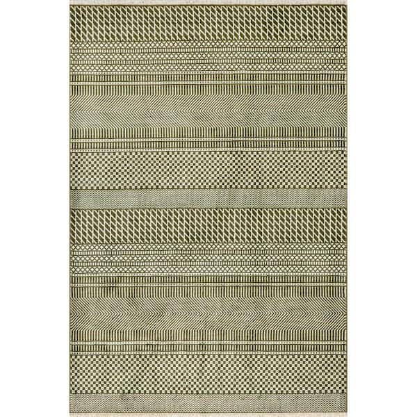 Lavender Geometric Fringe Dark Sage 8 ft. x 10 ft. 2 in. Area Rug