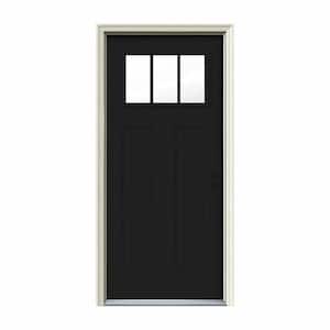 30 in. x 80 in. 3 Lite Craftsman Black Painted Steel Prehung Left-Hand Inswing Front Door w/Brickmould