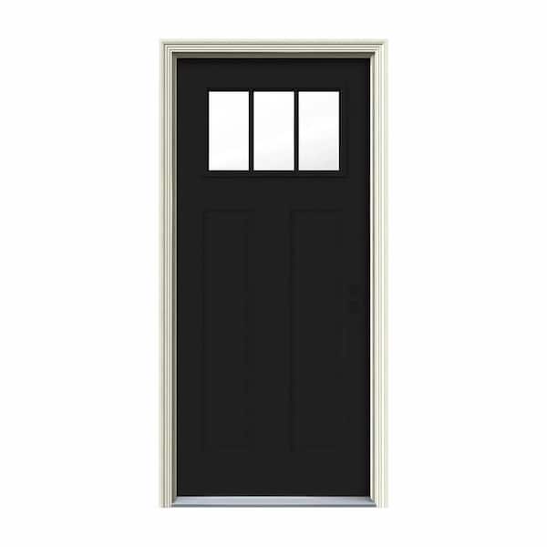 JELD-WEN 30 in. x 80 in. 3 Lite Craftsman Black Painted Steel Prehung Left-Hand Inswing Front Door w/Brickmould