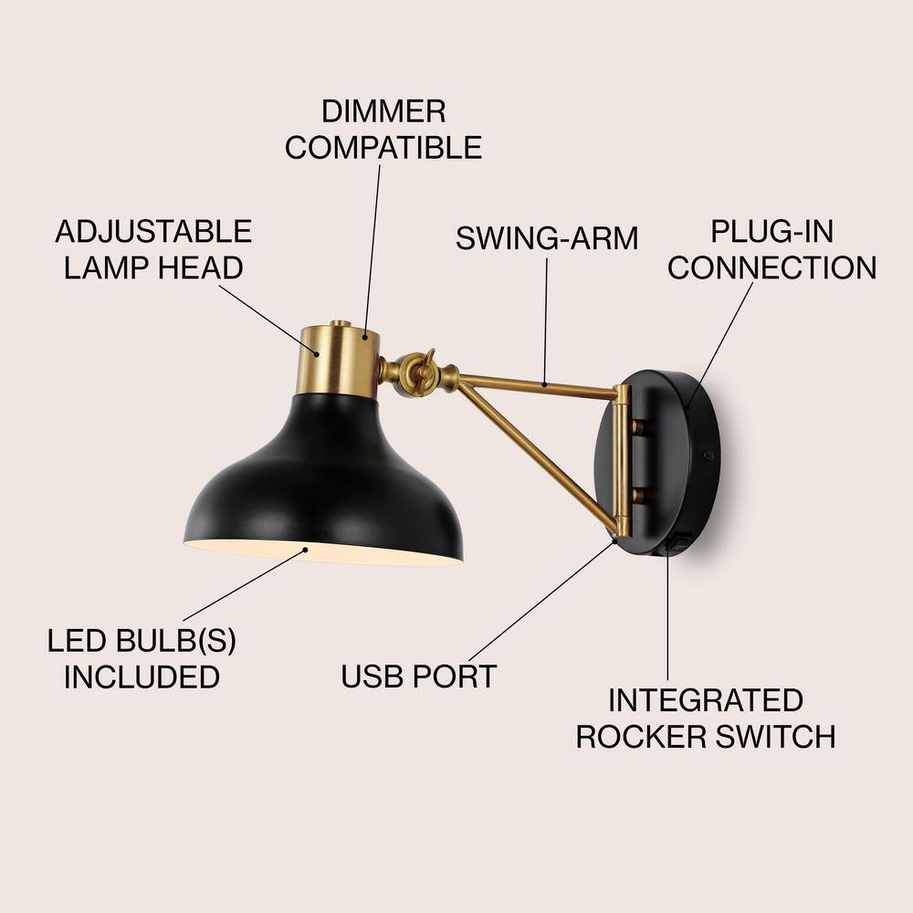 Lynn 15" Black and Brass Gold Iron Swing Arm Wall Sconce
