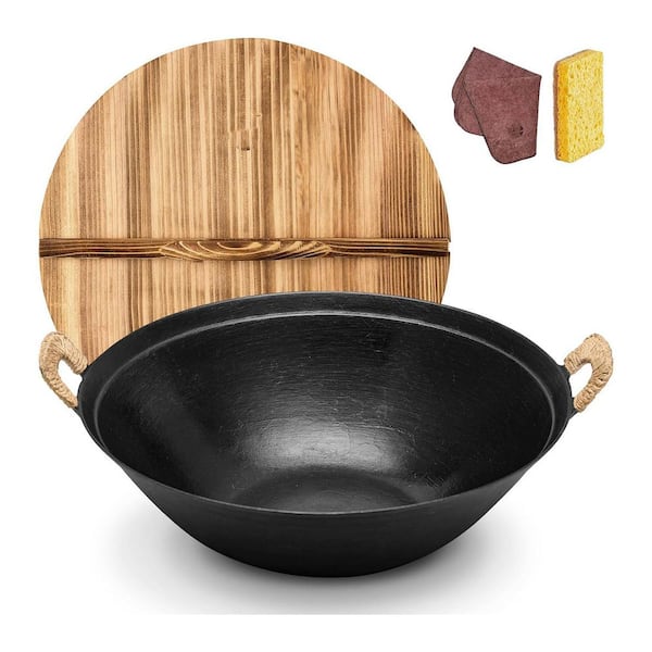 14.2 in. Large Wok Black Cast Iron Uncoated Healthy Cooking Even Heat With Dual Handle For All Stovetops