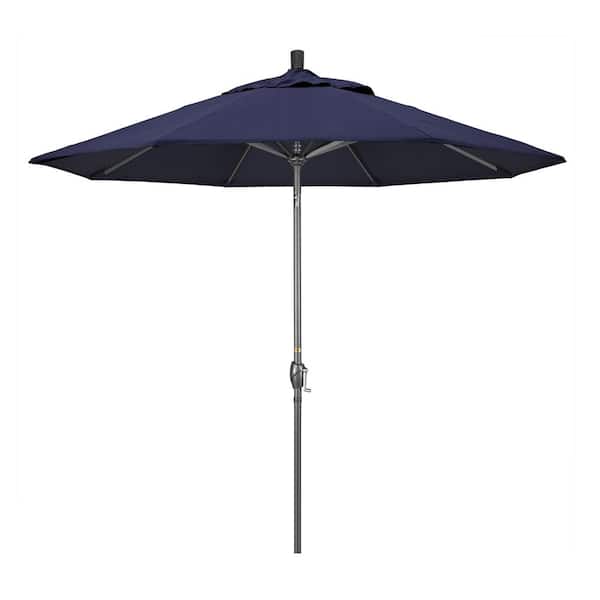 California Umbrella 9 ft. Hammertone Grey Aluminum Market Patio Umbrella with Push Button Tilt Crank Lift in Navy Sunbrella