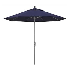 9 ft. Hammertone Grey Aluminum Market Patio Umbrella with Push Button Tilt Crank Lift in Navy Olefin