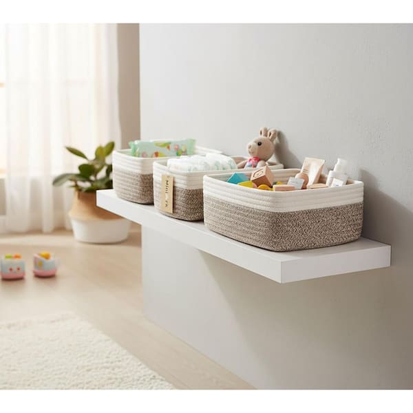 3-Pack White Brown Woven Rope Storage Baskets (11.5x7.5x4.7&quot