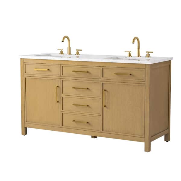 Logan 60 in. W Bath Vanity in Sand with Engineered Stone Top in Carrara White with White Sinks