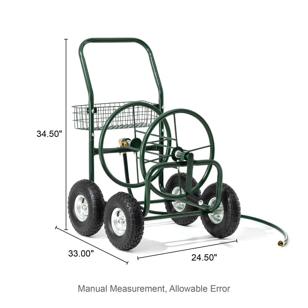 Green Steel 4-Wheel Garden Hose Reel Cart with Climate Resistant Finish