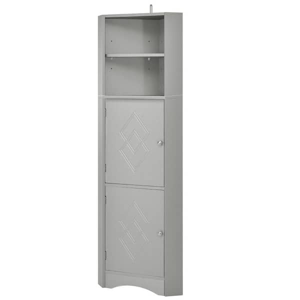 FUNKOL 15 in. L x 1 5 in. W x 61 in. H in Gray Ready to Assemble High Bathroom Corner Cabinet Freestanding Storage with Doors