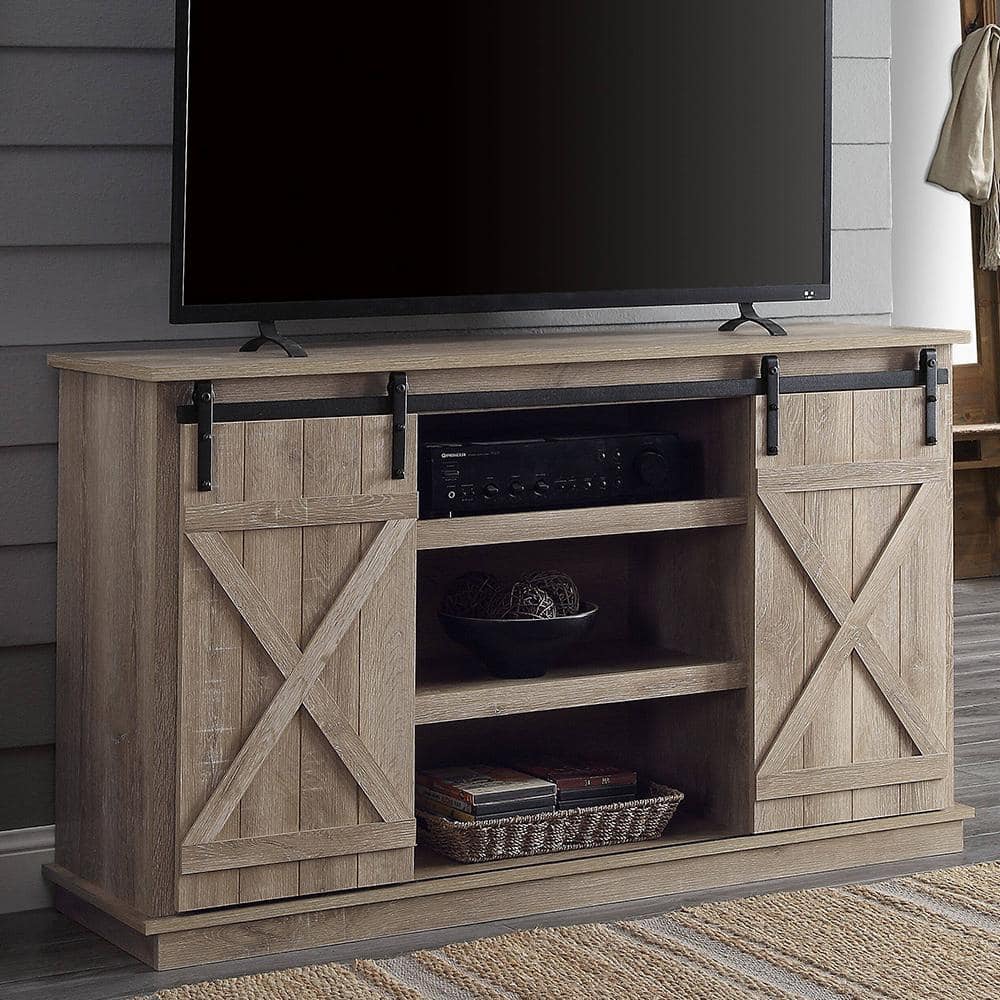 Rustic Oak Corner TV Stand with Sliding Barn Doors