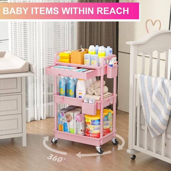Wudkey 3-Tier Pink Pantry Organizer with Removable Drawer and 2