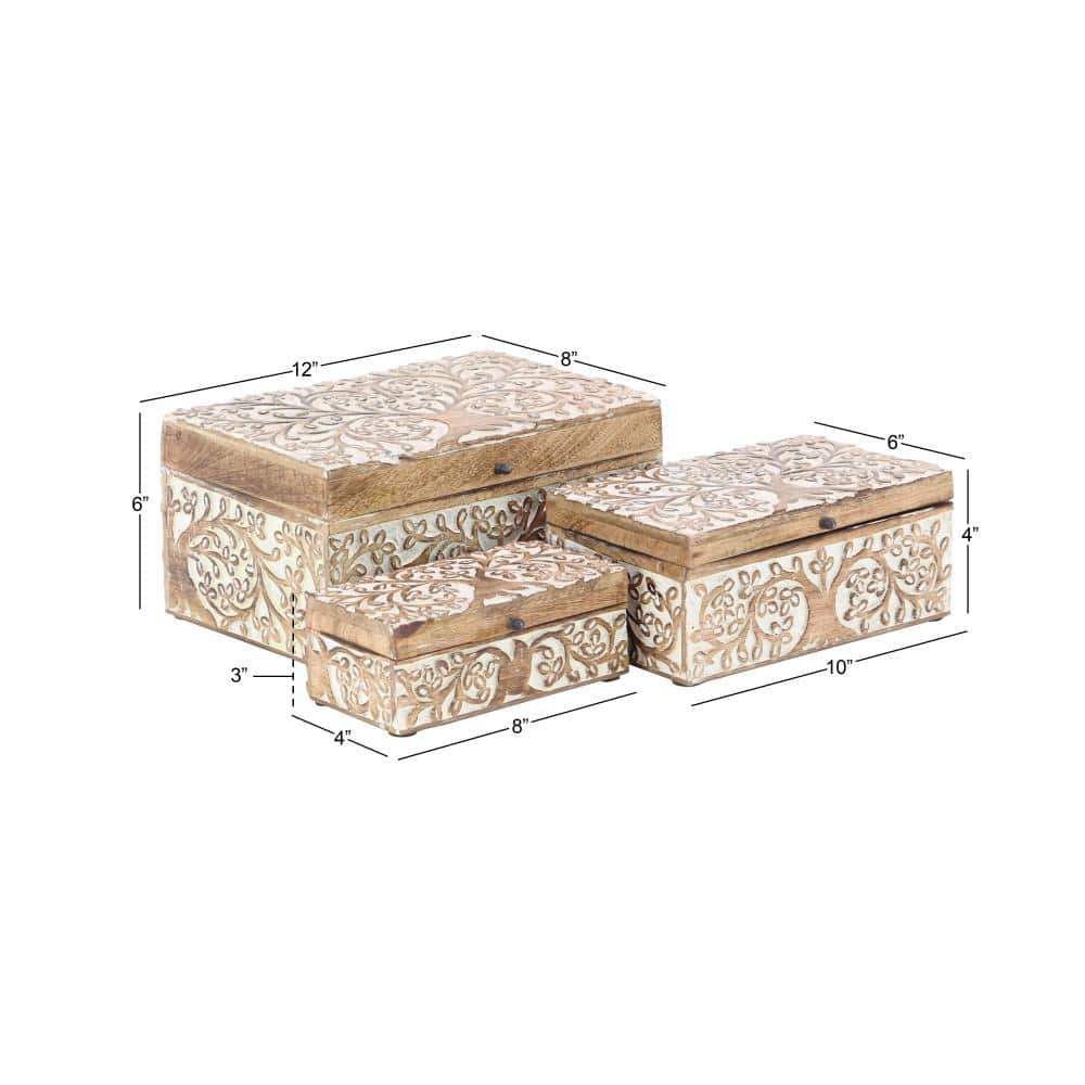 Set of 3 Brown Mango Wood Floral Decorative Boxes