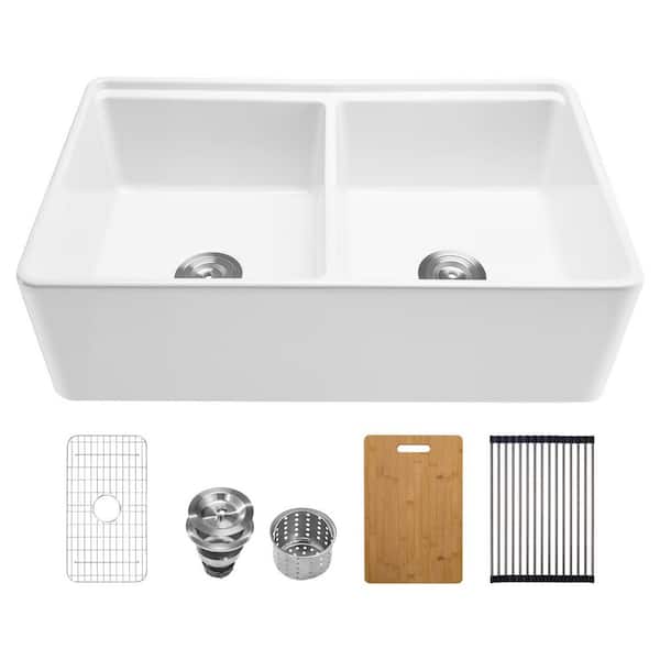 33 x 20 in. Farmhouse Sink, Drop-in  Fireclay White Sink Workstation, Apron Front Double Bowl Basin, Dishwasher Sinks
