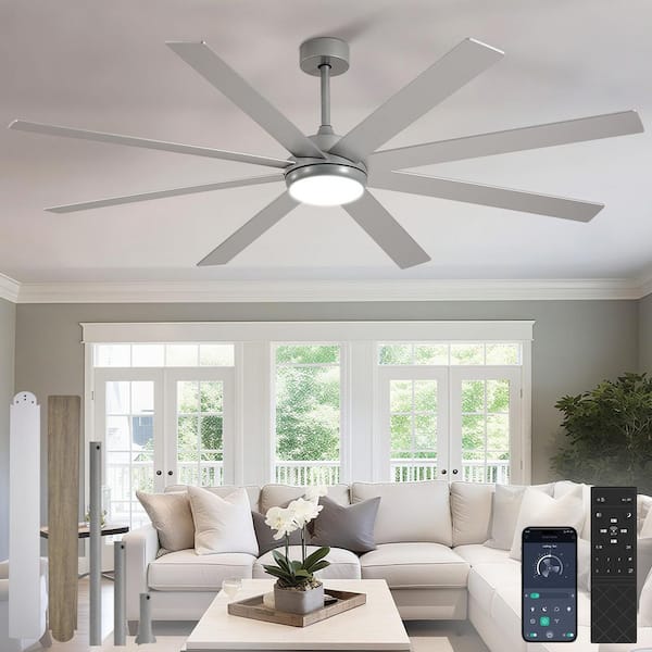 72 in. White Brushed Sliver Wood 8 Blades Downrod Mount Large Ceiling Fans with Lights Included Remote APP Control LED