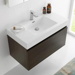 Mezzo 36 in. Vanity in Gray Oak with Acrylic Vanity Top in White with White Basin and Mirrored Medicine Cabinet