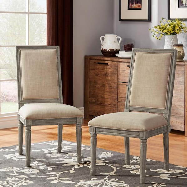 HomeSullivan Antique Grey Oak Finish Beige Rectangular Linen And Wood Dining Chairs (Set of 2)