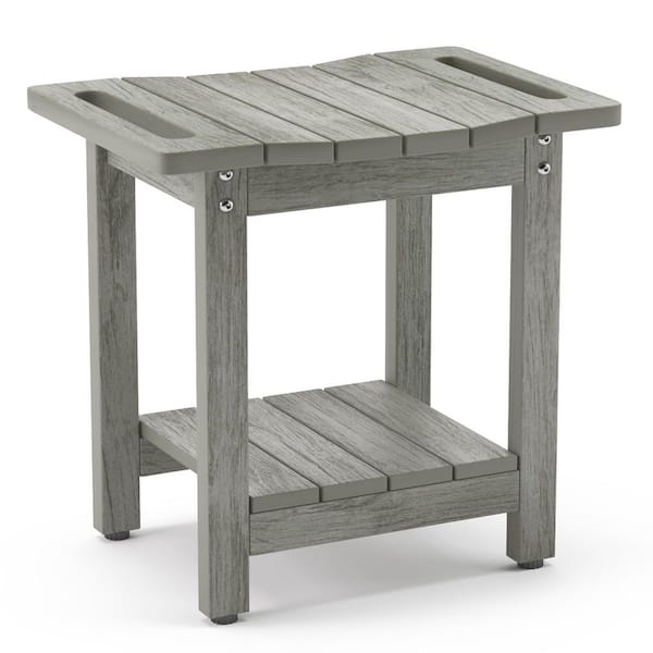 Wood Gray HDPS Non-Slip Shower Bench with Shelf for Shaving Legs, Waterproof and Weather Resistant Stool,