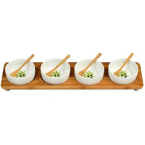 Bamboo Entertaining Set with 4 Ceramic Bowls in Line