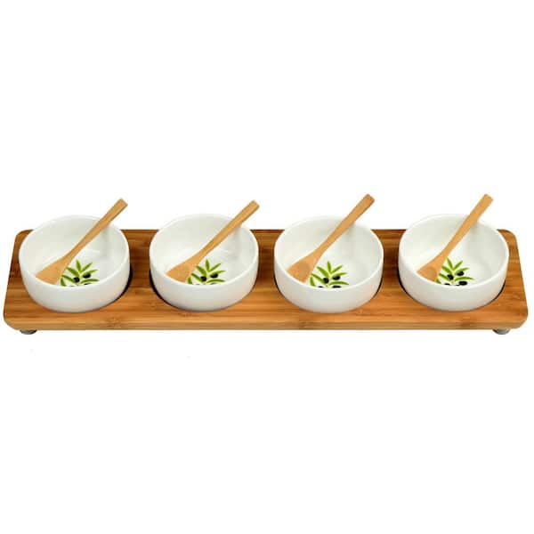 Unbranded Bamboo Entertaining Set with 4 Ceramic Bowls in Line