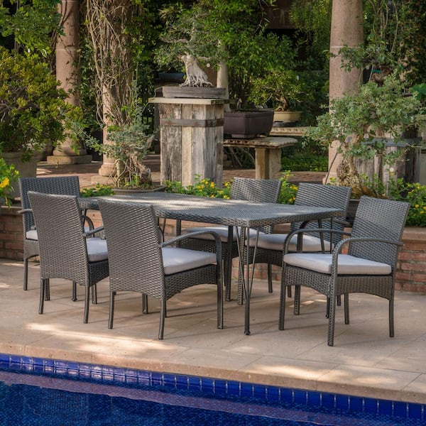 Noble House Joyce Grey 7-Piece Faux Rattan Outdoor Dining Set with Grey Cushion