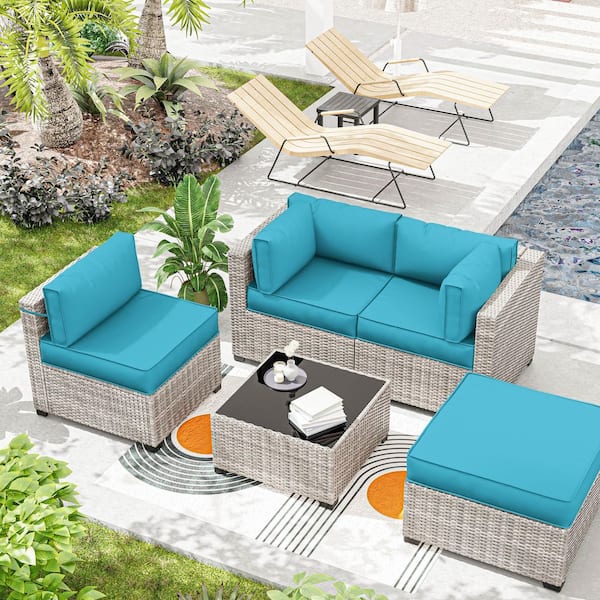 25.6 in. x 25.6 in. x 4 in. (9-Piece) Deep Seating Outdoor Sectional Cushion Lake Blue