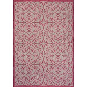 Madrid Vintage Filigree Textured Weave Light Gray/Fuchsia 9 ft. x 12 ft. Indoor/Outdoor Area Rug