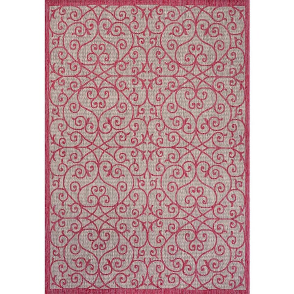 Madrid Vintage Filigree Textured Weave Light Gray/Fuchsia 8 ft. x 10 ft. Indoor/Outdoor Area Rug