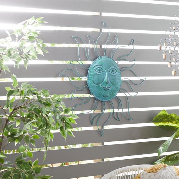 30 in. x  30 in. Metal Teal Indoor Outdoor Sun Wall Decor with Wire Frame
