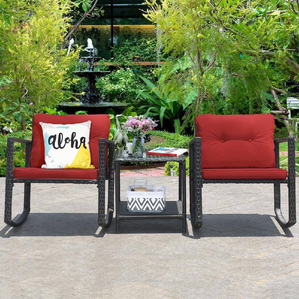 Costway  3-Piece Wicker Patio Conversation Set Bistro Furniture Set 2 Rocking Chairs, Glass Side Table with Red Cushions - 2
