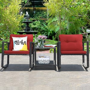3-Piece Wicker Patio Conversation Set Bistro Furniture Set 2 Rocking Chairs, Glass Side Table with Red Cushions