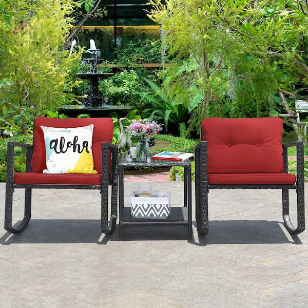 3-Piece Wicker Patio Conversation Set Bistro Furniture Set 2 Rocking Chairs, Glass Side Table with Red Cushions