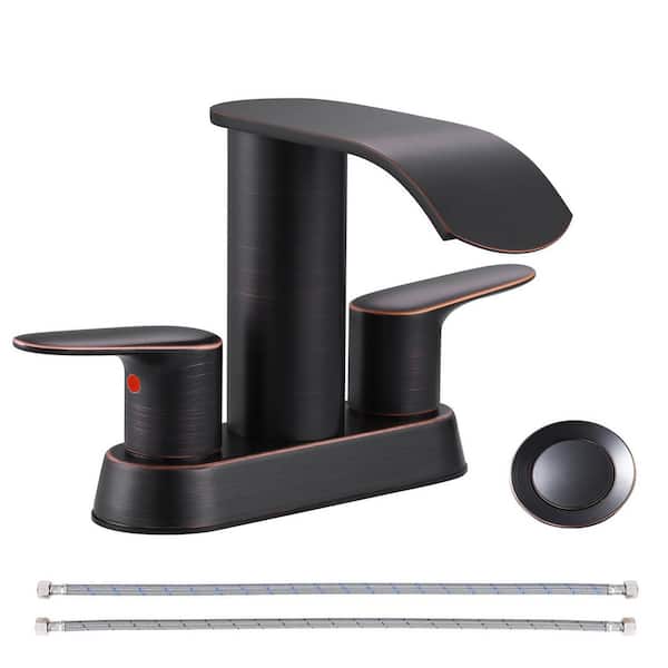 Waterfall 4 in. Centerset Double-Handle Bathroom Sink Faucet, Modern Faucet with Pop Up Drain in Oil Rubbed Bronze